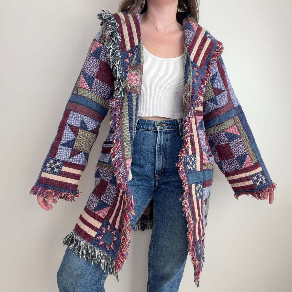 Vintage Style Americana Tapestry Fringed Blanket Cardigan